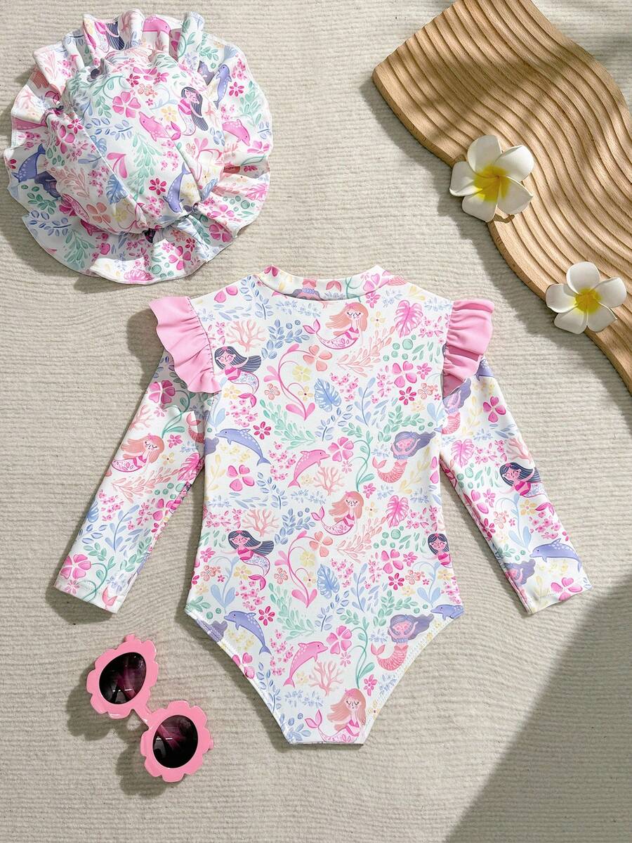 Baby Girls Floral Ruffle Long Sleeve Swimsuit With Hat Tropical Beachwear Set