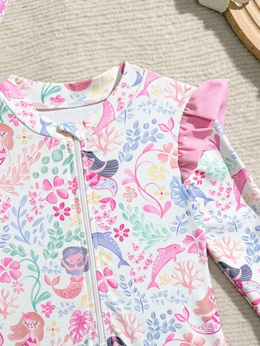 Baby Girls Floral Ruffle Long Sleeve Swimsuit With Hat Tropical Beachwear Set