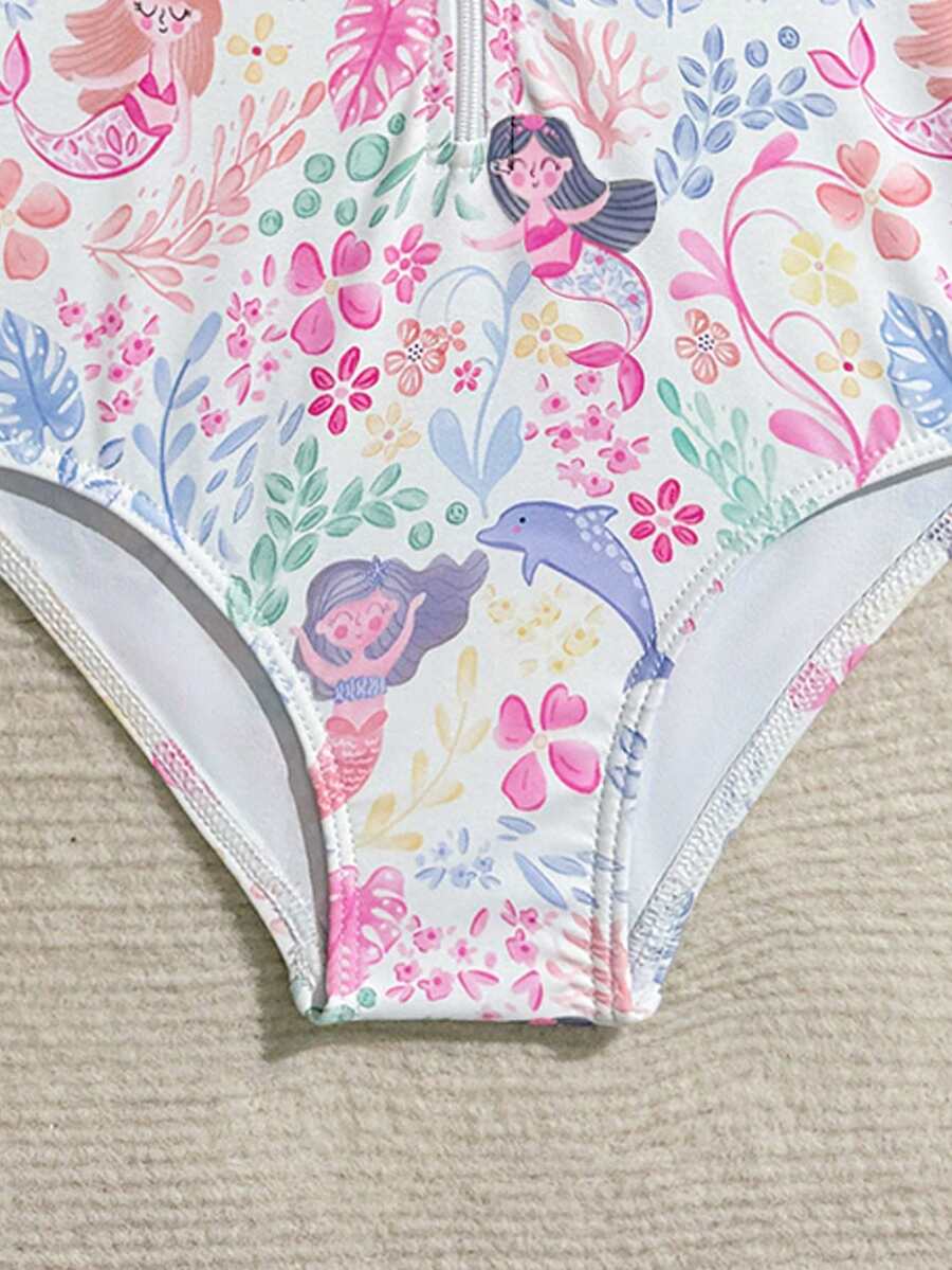 Baby Girls Floral Ruffle Long Sleeve Swimsuit With Hat Tropical Beachwear Set