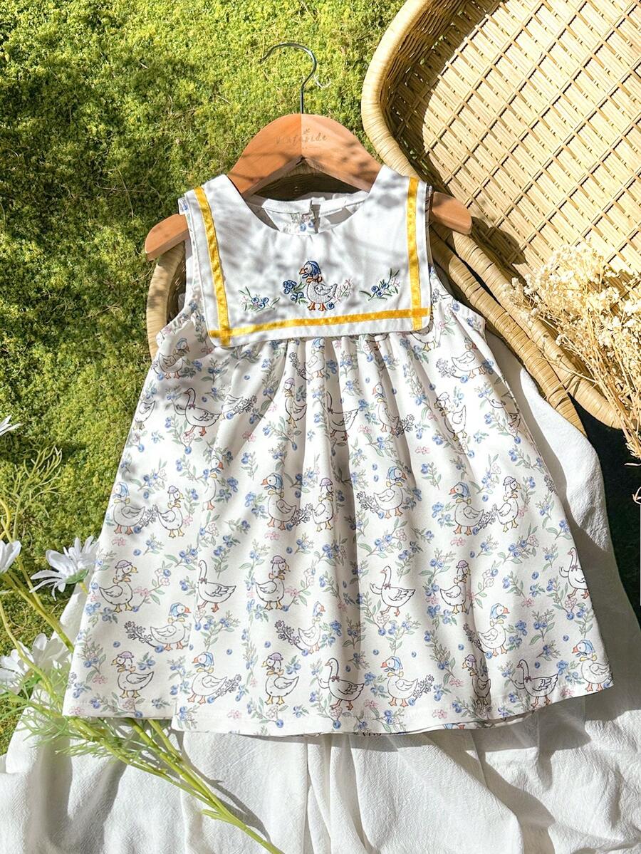 Sleeveless Long Dress with Embroidered Cartoon Duck for Toddler Girls