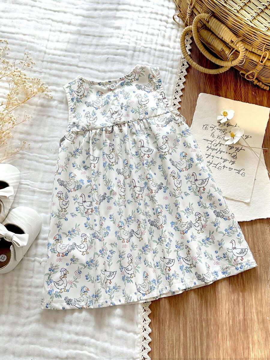 Sleeveless Long Dress with Embroidered Cartoon Duck for Toddler Girls