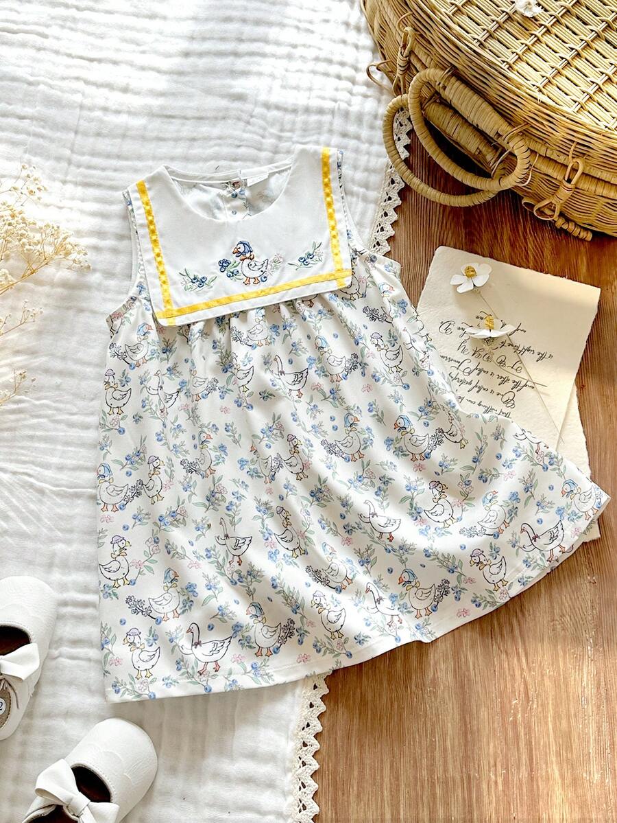 Sleeveless Long Dress with Embroidered Cartoon Duck for Toddler Girls