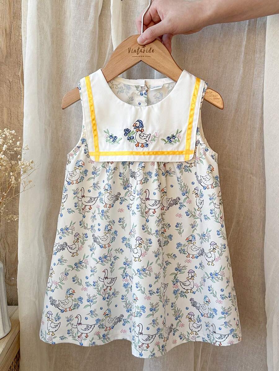 Sleeveless Long Dress with Embroidered Cartoon Duck for Toddler Girls