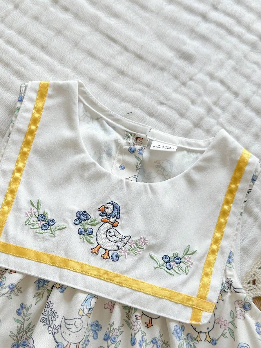 Sleeveless Long Dress with Embroidered Cartoon Duck for Toddler Girls