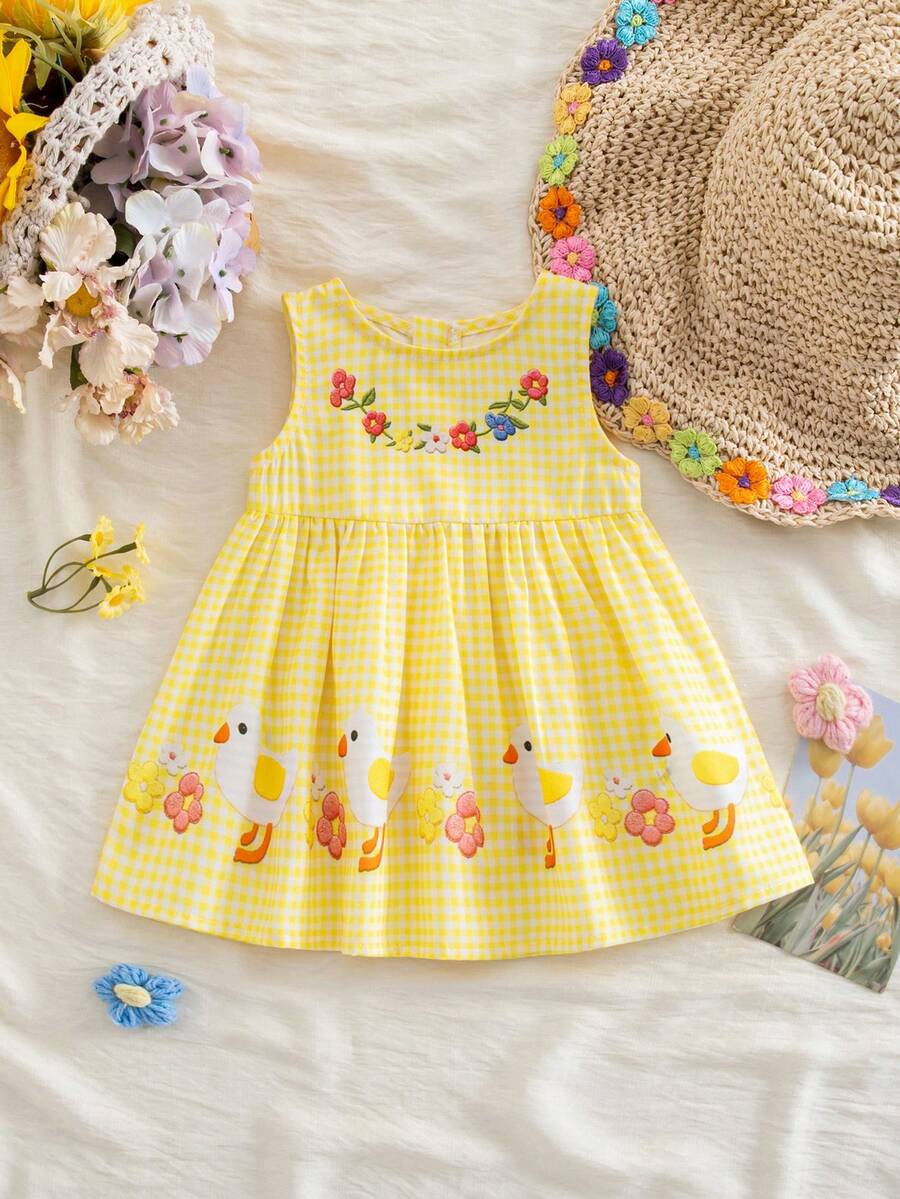 Baby Yellow Plaid Duck Print Dress for Cute Summer Daily Wear and Celebrations