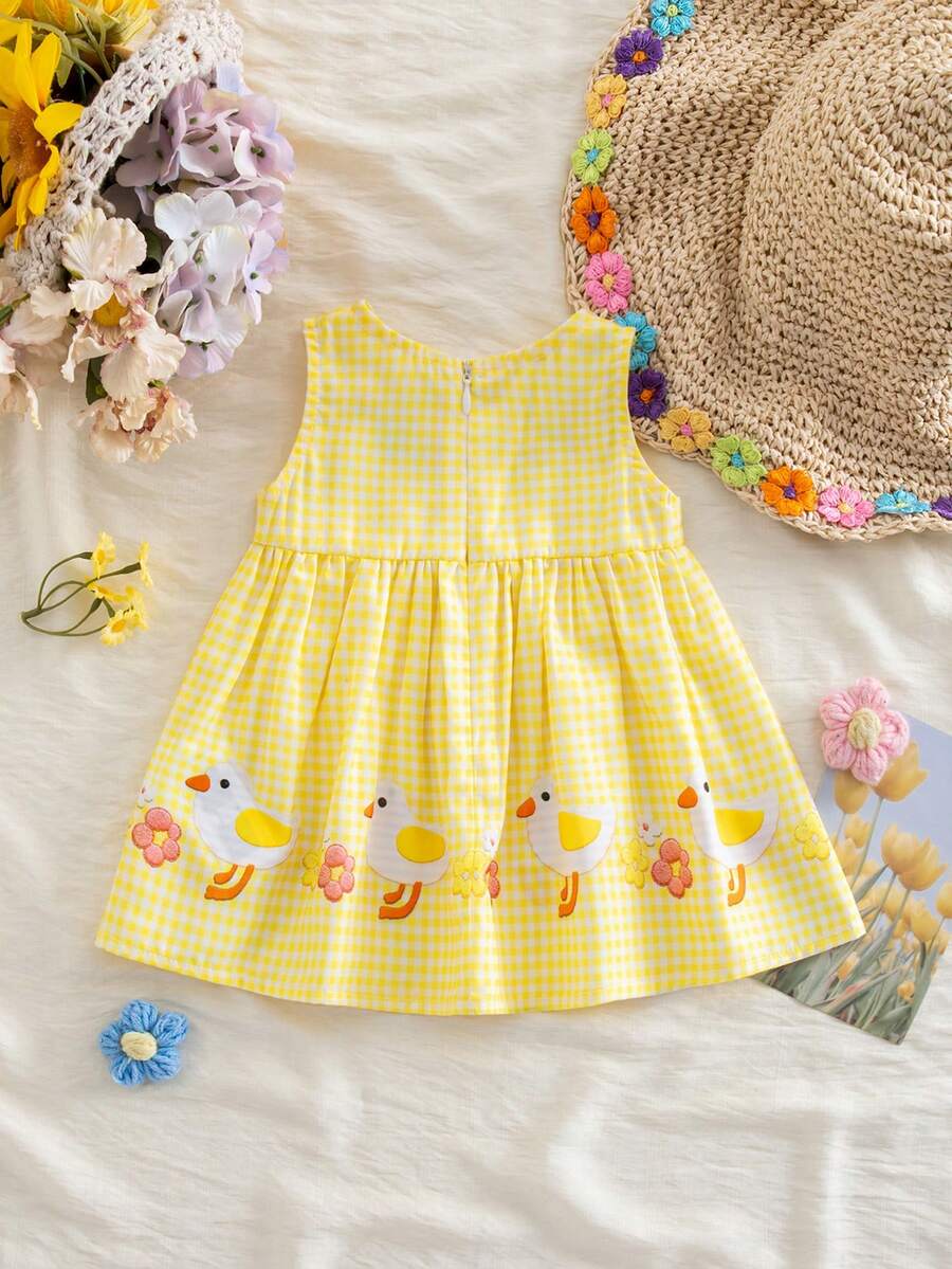 Baby Yellow Plaid Duck Print Dress for Cute Summer Daily Wear and Celebrations