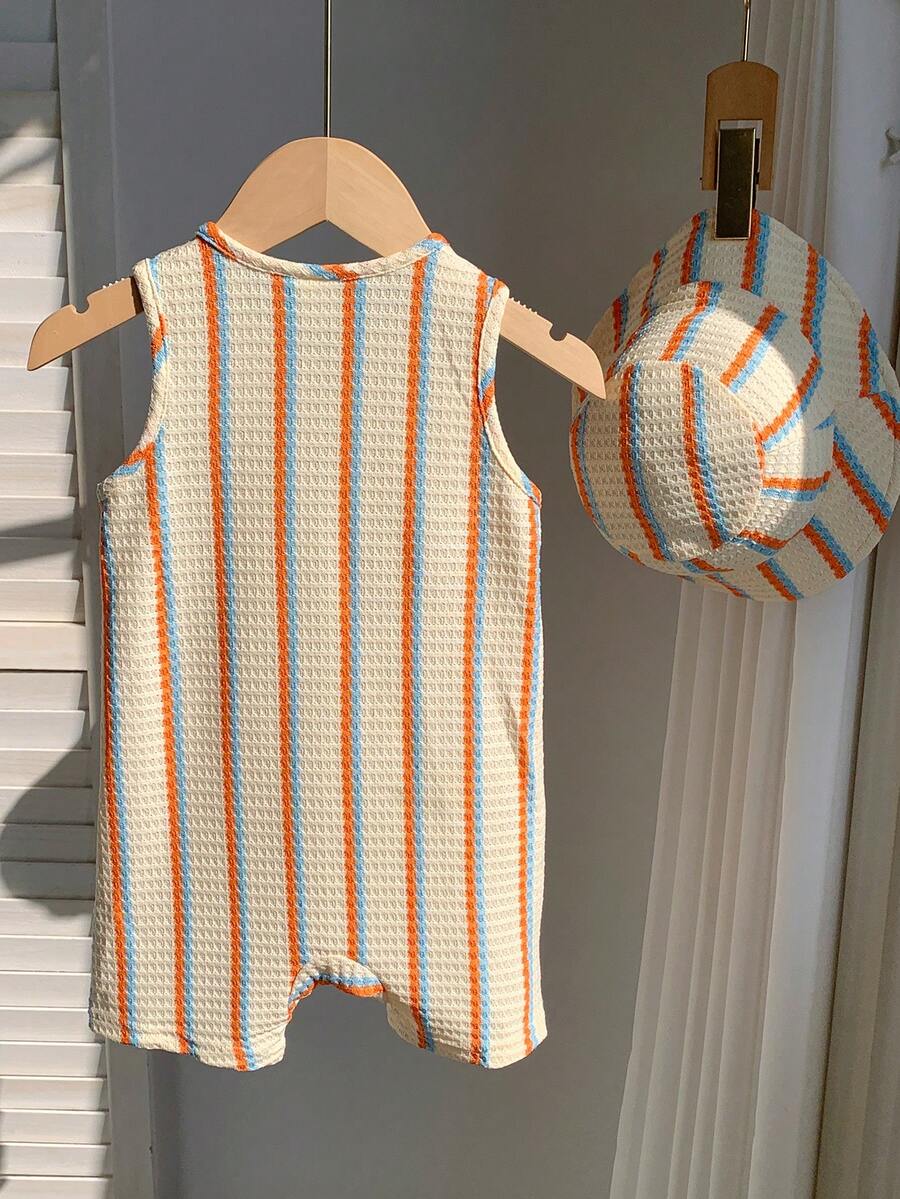 Unisex Baby Green White Striped Sleeveless Jumpsuit and Bucket Hat 2 Piece Summer Vacation Outfit Set