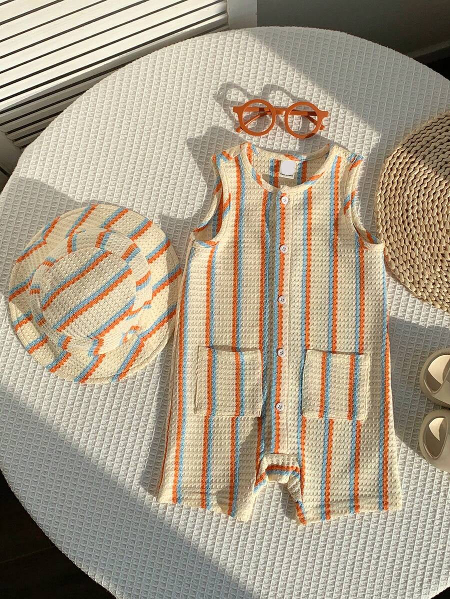 Unisex Baby Green White Striped Sleeveless Jumpsuit and Bucket Hat 2 Piece Summer Vacation Outfit Set