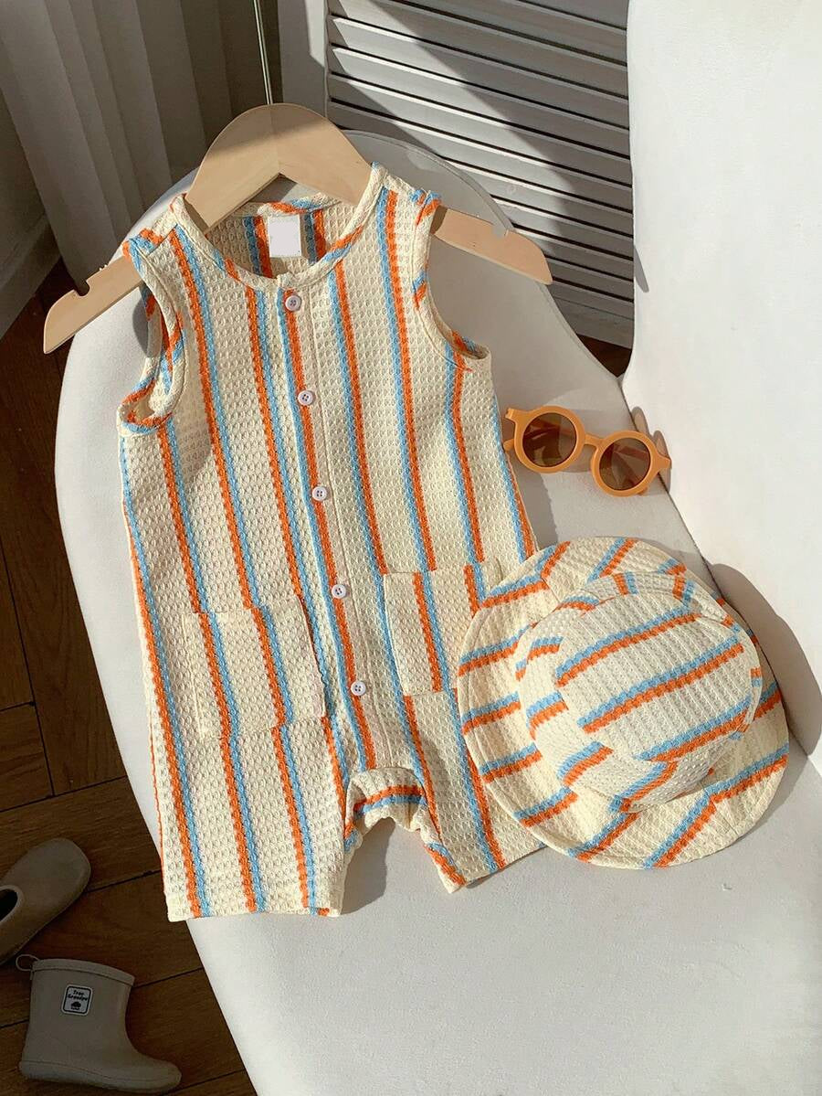 Unisex Baby Green White Striped Sleeveless Jumpsuit and Bucket Hat 2 Piece Summer Vacation Outfit Set