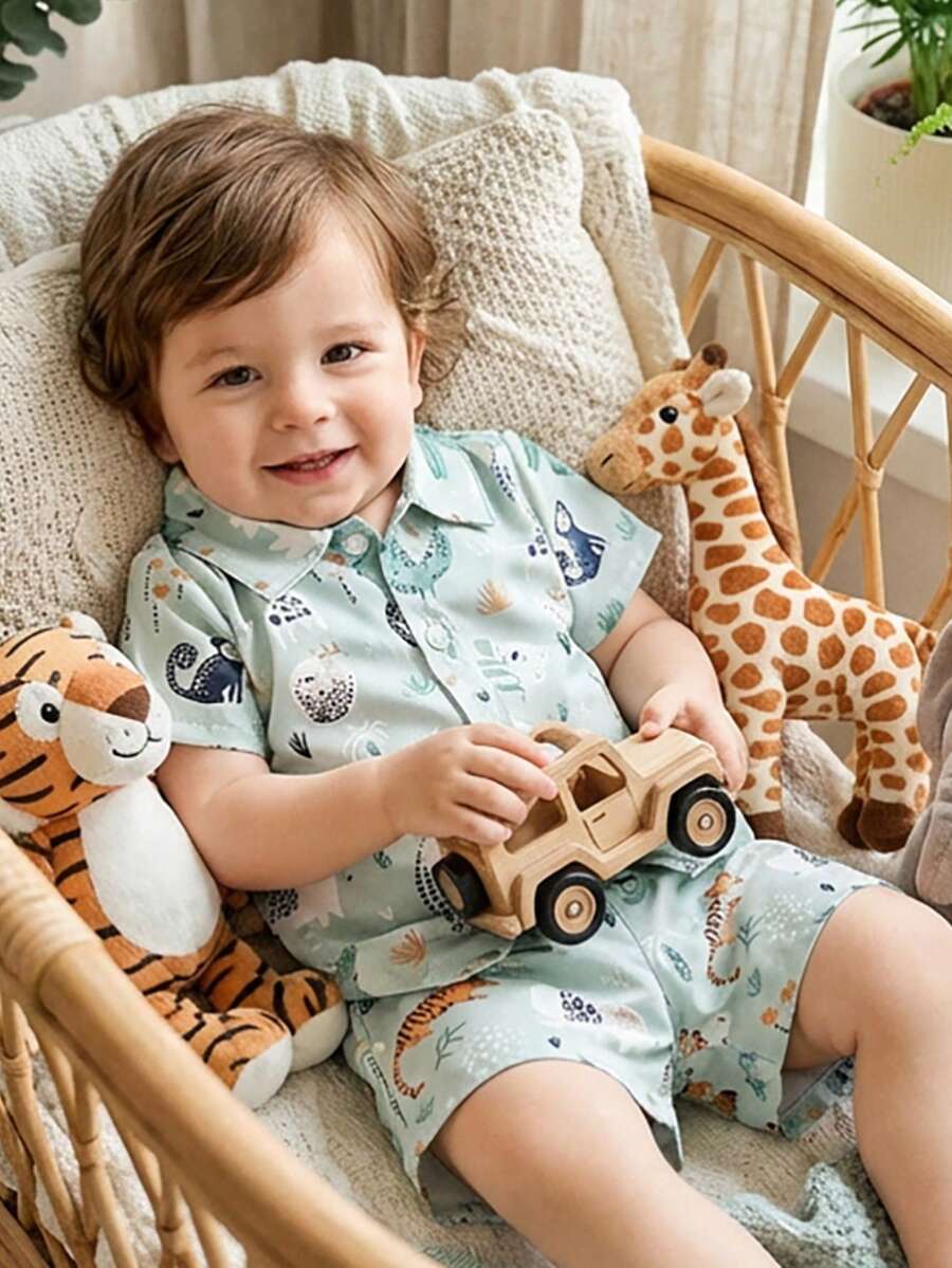 2pcs/Set Baby Boy Casual Striped Polo Collar Top & Shorts Summer Clothes