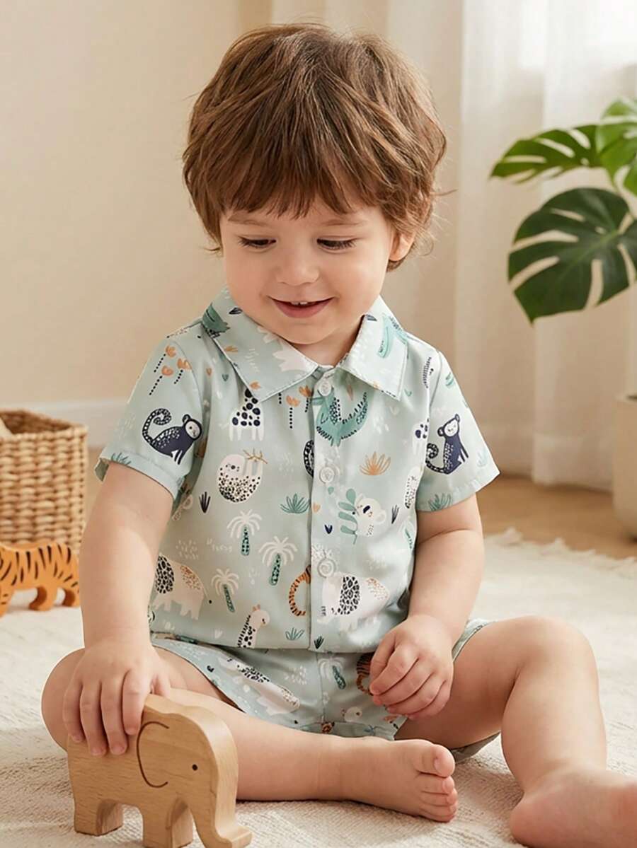 2pcs/Set Baby Boy Casual Striped Polo Collar Top & Shorts Summer Clothes