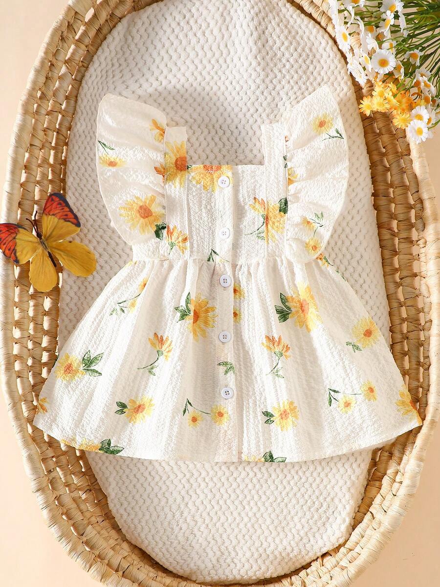 2PCS Baby Watercolor Floral Dress and Hairband Set for Cute Summer Outings