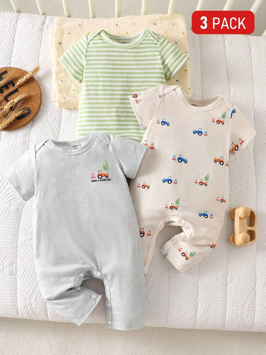 4PCS Baby Bear Print Cotton Romper Set for Summer Daily Wear and Comfort