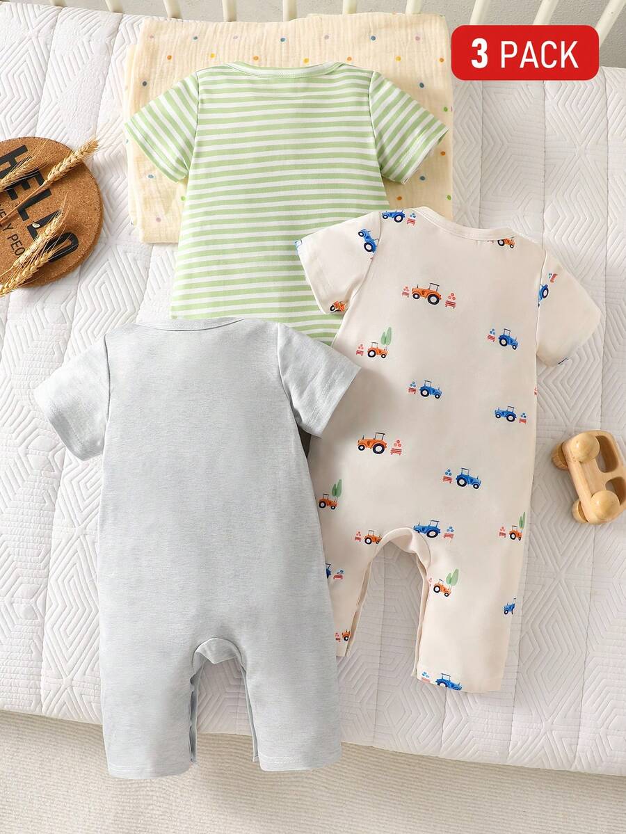 4PCS Baby Bear Print Cotton Romper Set for Summer Daily Wear and Comfort