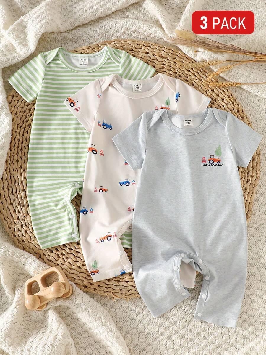 4PCS Baby Bear Print Cotton Romper Set for Summer Daily Wear and Comfort