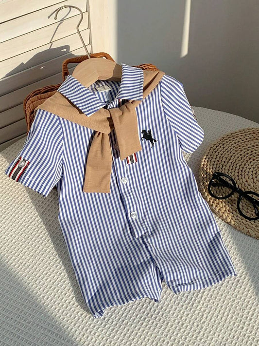 Newborn Baby Blue And White Stripe Outfit With Khaki Knit Shawl