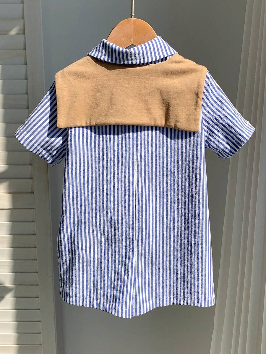 Newborn Baby Blue And White Stripe Outfit With Khaki Knit Shawl