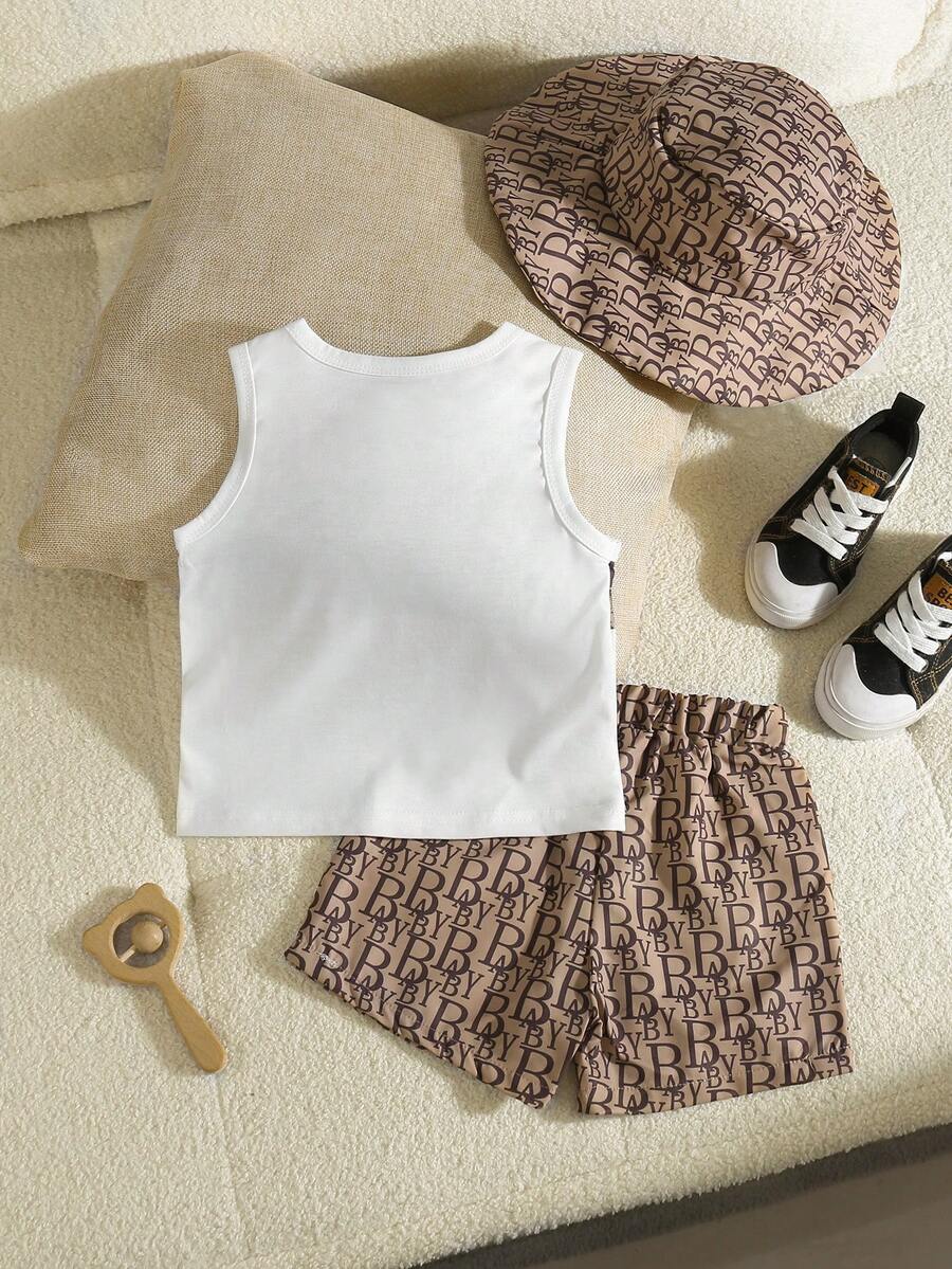 Baby Boy Letter Print Top Coconut Tree Print Shorts and Hat 3 Piece Summer Beach Vacation Outfit Set