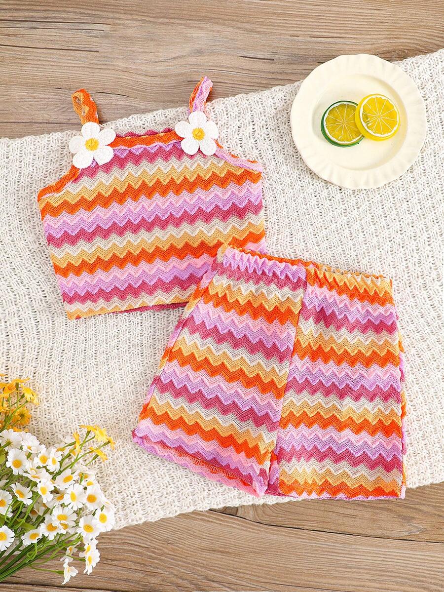 Striped Knit Camisole And Shorts Set For Baby Girls Summer Vacation Wear