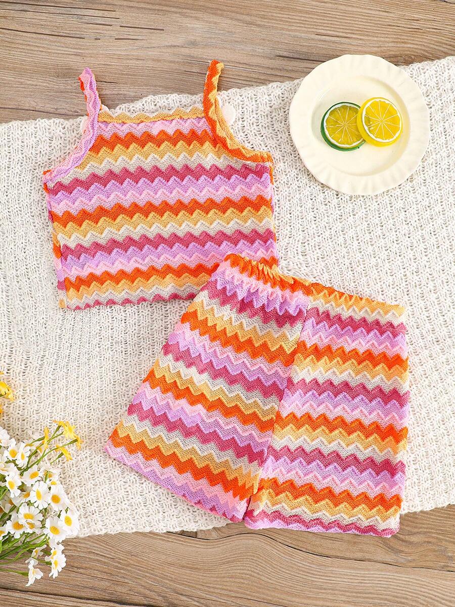 Striped Knit Camisole And Shorts Set For Baby Girls Summer Vacation Wear