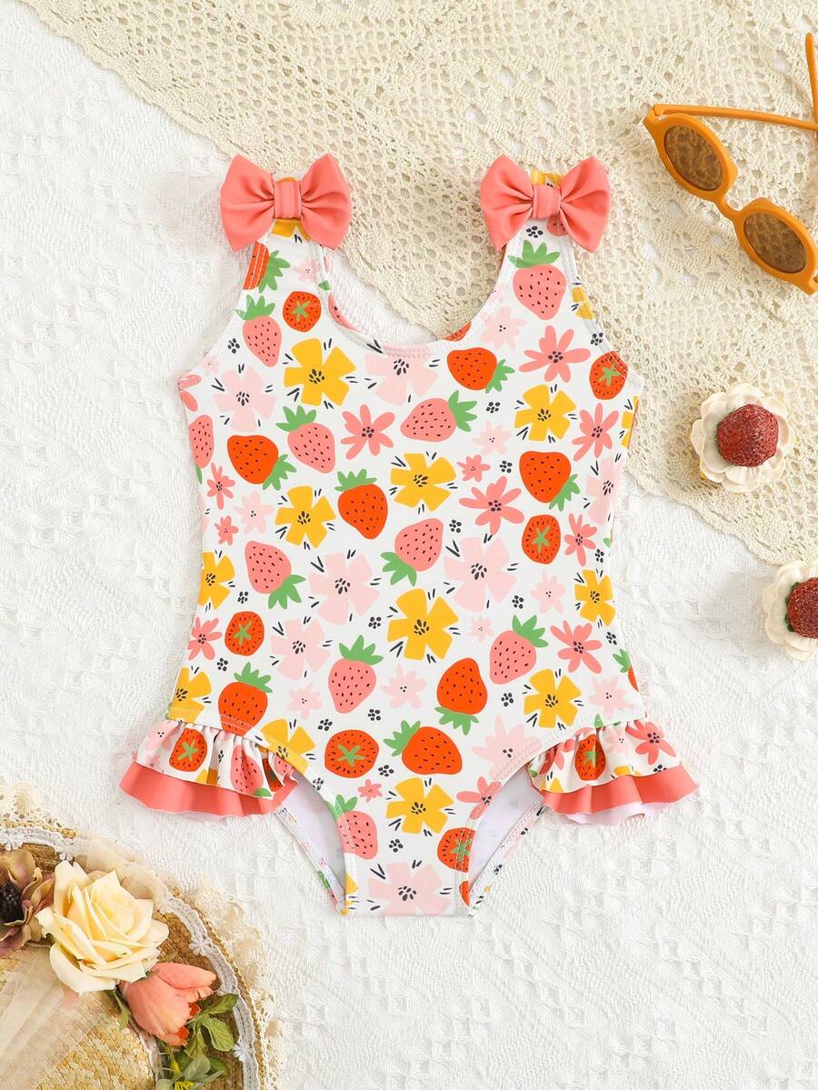 Baby Girls Bow Decor One Piece Swimsuit Cute Beach Vacation Swimwear