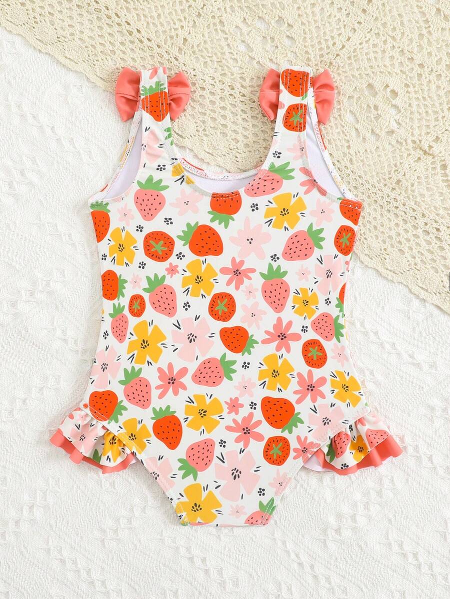 Baby Girls Bow Decor One Piece Swimsuit Cute Beach Vacation Swimwear