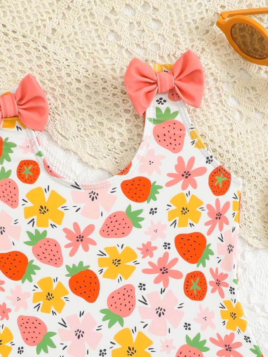 Baby Girls Bow Decor One Piece Swimsuit Cute Beach Vacation Swimwear