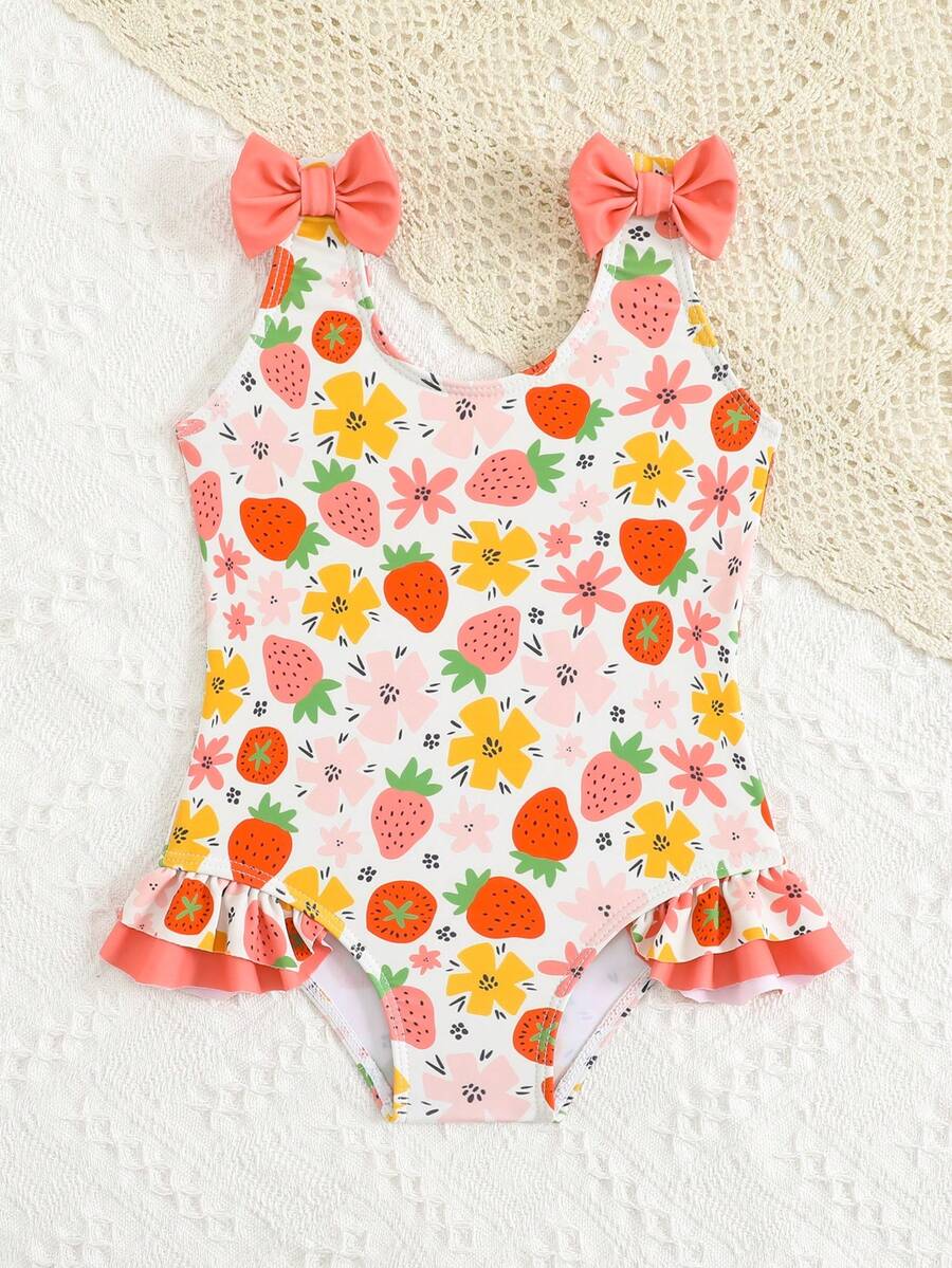 Baby Girls Bow Decor One Piece Swimsuit Cute Beach Vacation Swimwear