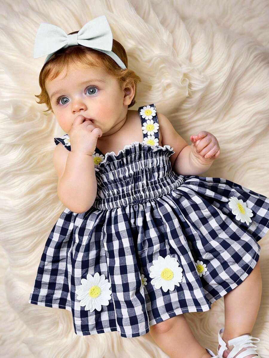 Baby Blue Plaid Floral Embroidered Cami Dress for Cute Spring and Summer Outings