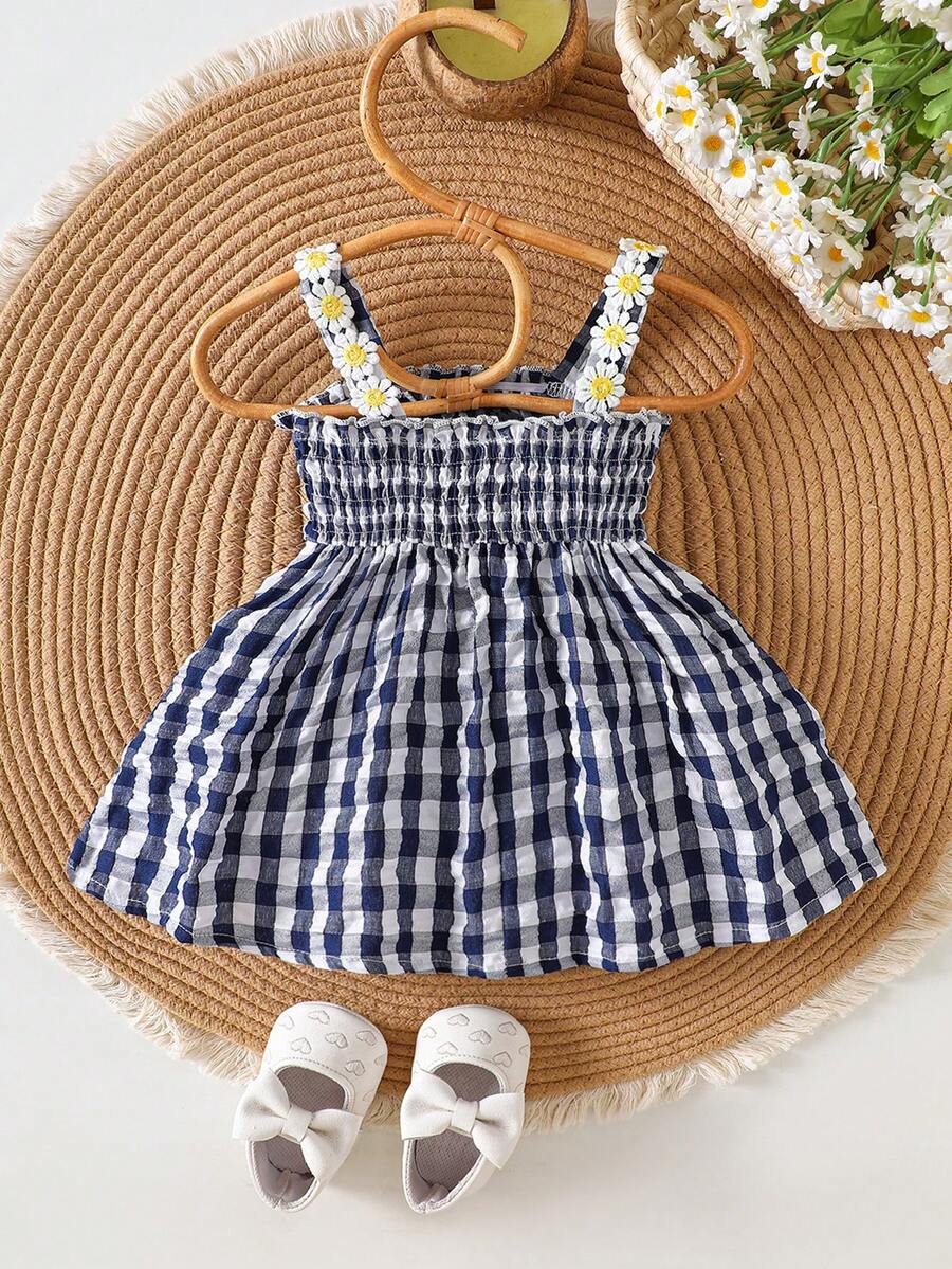 Baby Blue Plaid Floral Embroidered Cami Dress for Cute Spring and Summer Outings