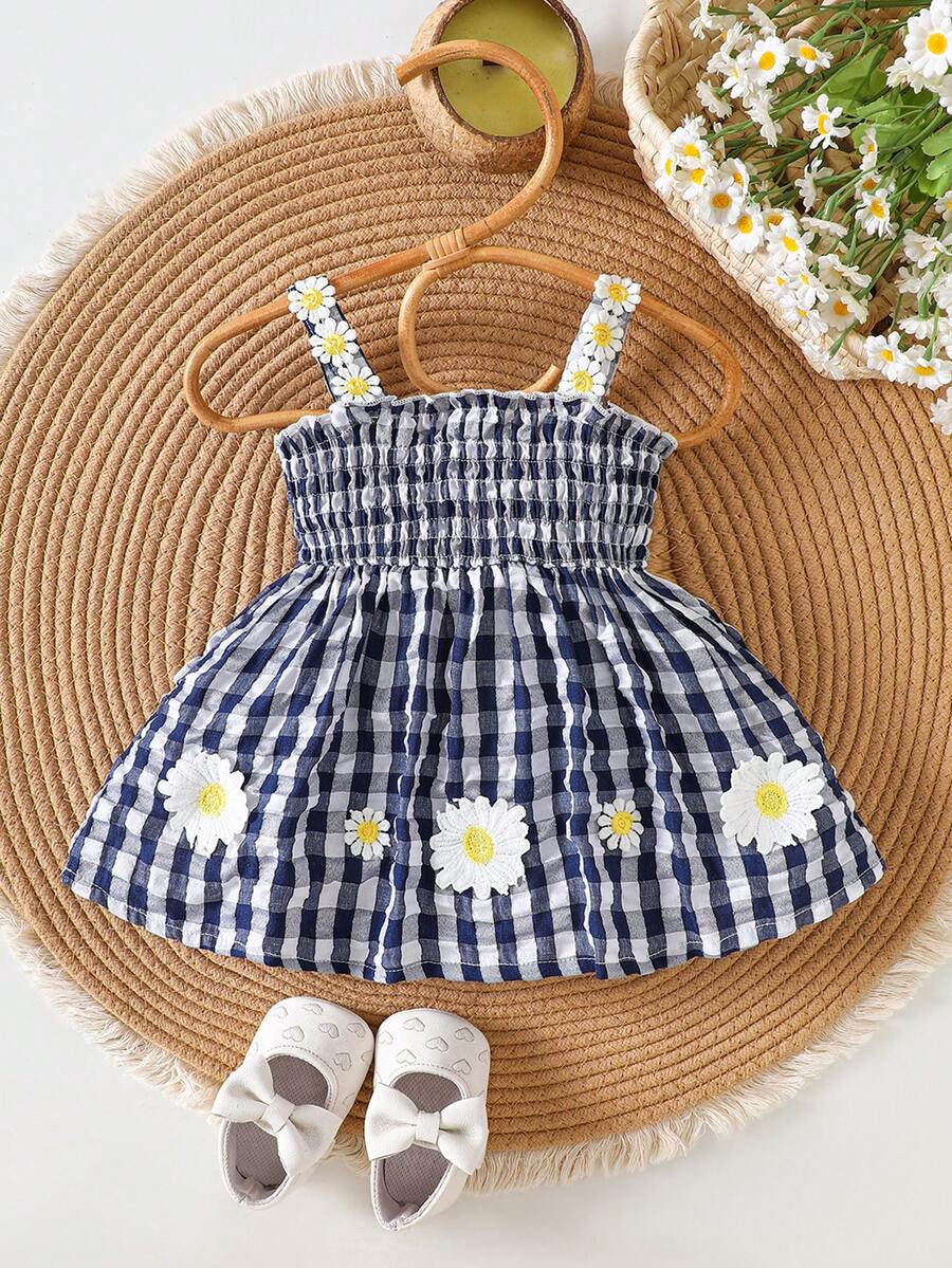 Baby Blue Plaid Floral Embroidered Cami Dress for Cute Spring and Summer Outings