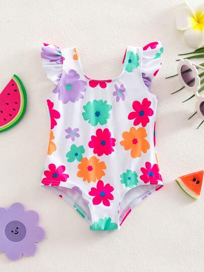 Baby Cartoon Print One-Piece Swimsuit Set for Beach Vacation and Summer Pool Days
