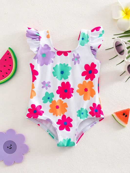 Baby Cartoon Print One-Piece Swimsuit Set for Beach Vacation and Summer Pool Days