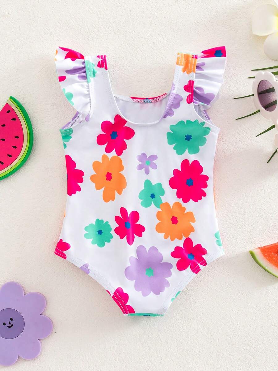 Baby Cartoon Print One-Piece Swimsuit Set for Beach Vacation and Summer Pool Days
