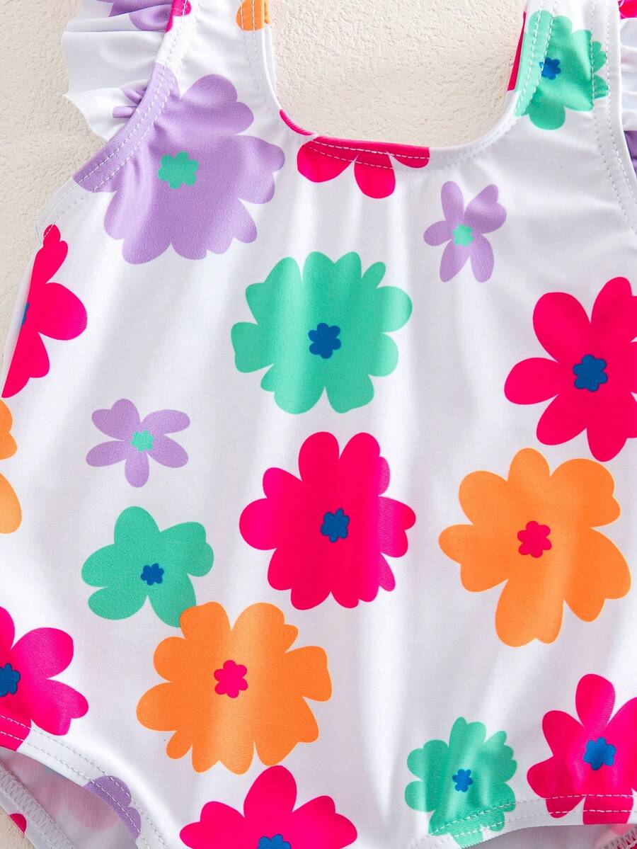Baby Cartoon Print One-Piece Swimsuit Set for Beach Vacation and Summer Pool Days