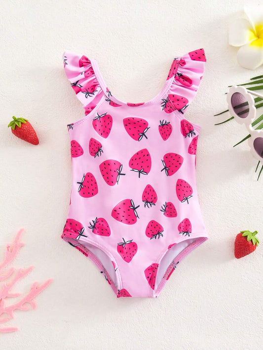 Baby Girl Strawberry Print Short Sleeve Swimsuit
