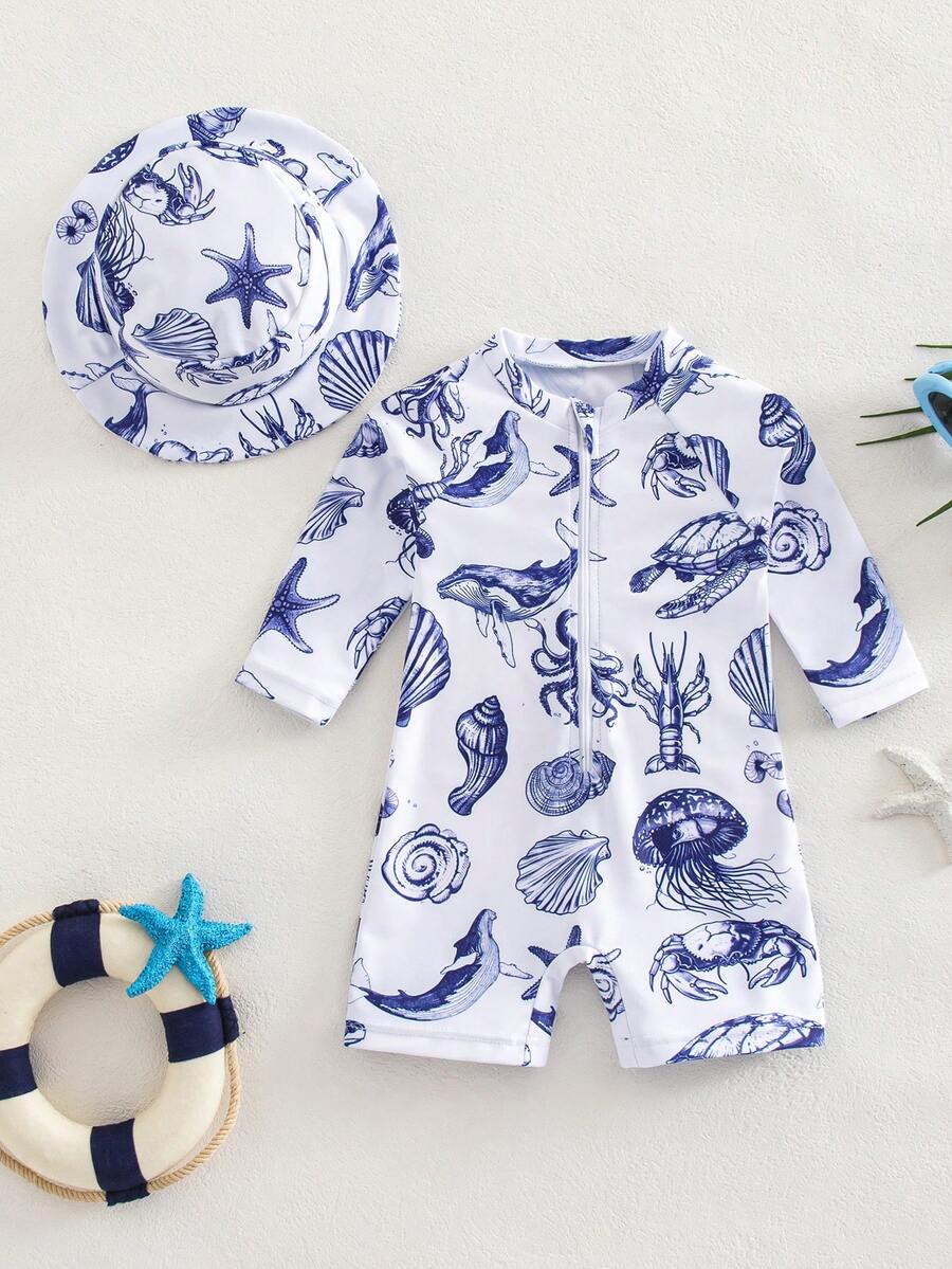 Baby Striped Dolphin Print One-Piece Swimsuit for Beach Vacation and Pool Days