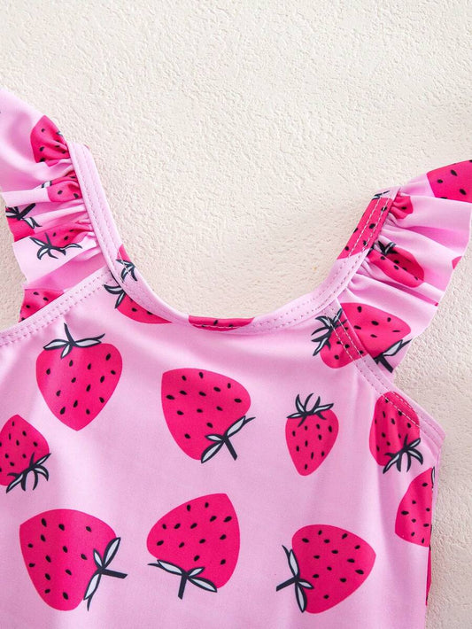 Baby Girl Strawberry Print Short Sleeve Swimsuit