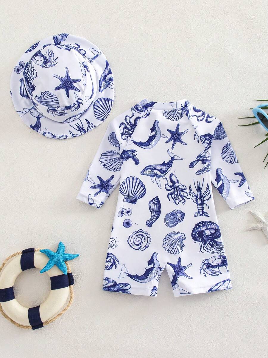Baby Striped Dolphin Print One-Piece Swimsuit for Beach Vacation and Pool Days