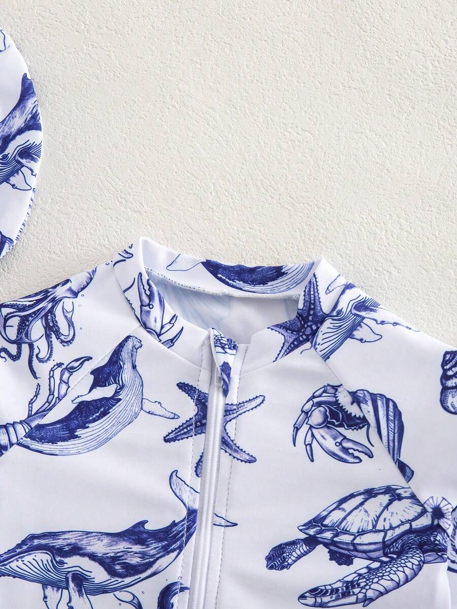Baby Striped Dolphin Print One-Piece Swimsuit for Beach Vacation and Pool Days