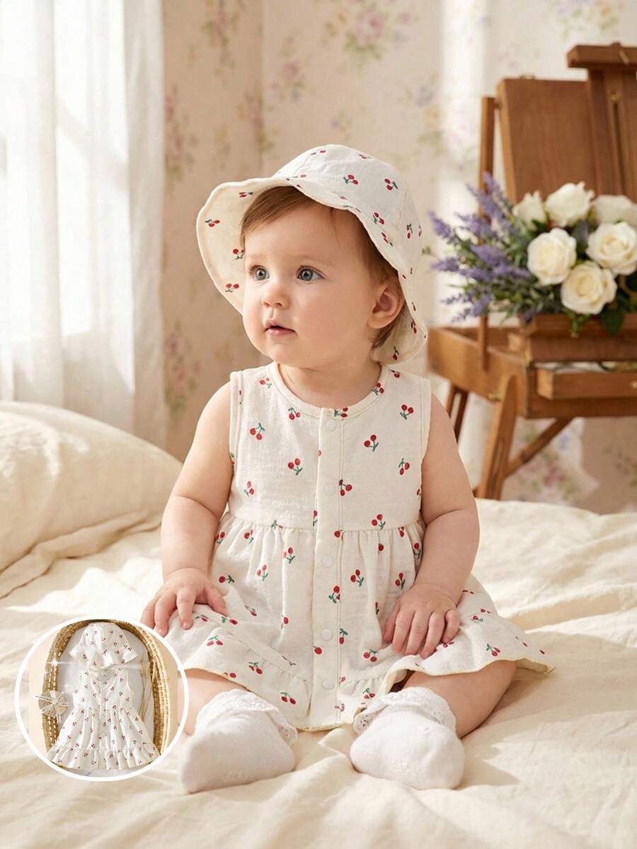 Baby Cherry Print Sleeveless Dress and Red Hat Set for Cute Summer Outings