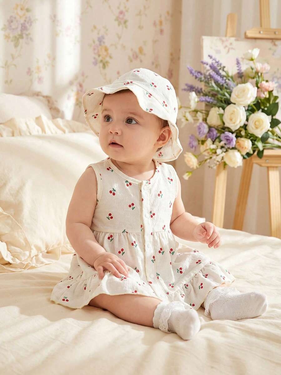 Baby Cherry Print Sleeveless Dress and Red Hat Set for Cute Summer Outings