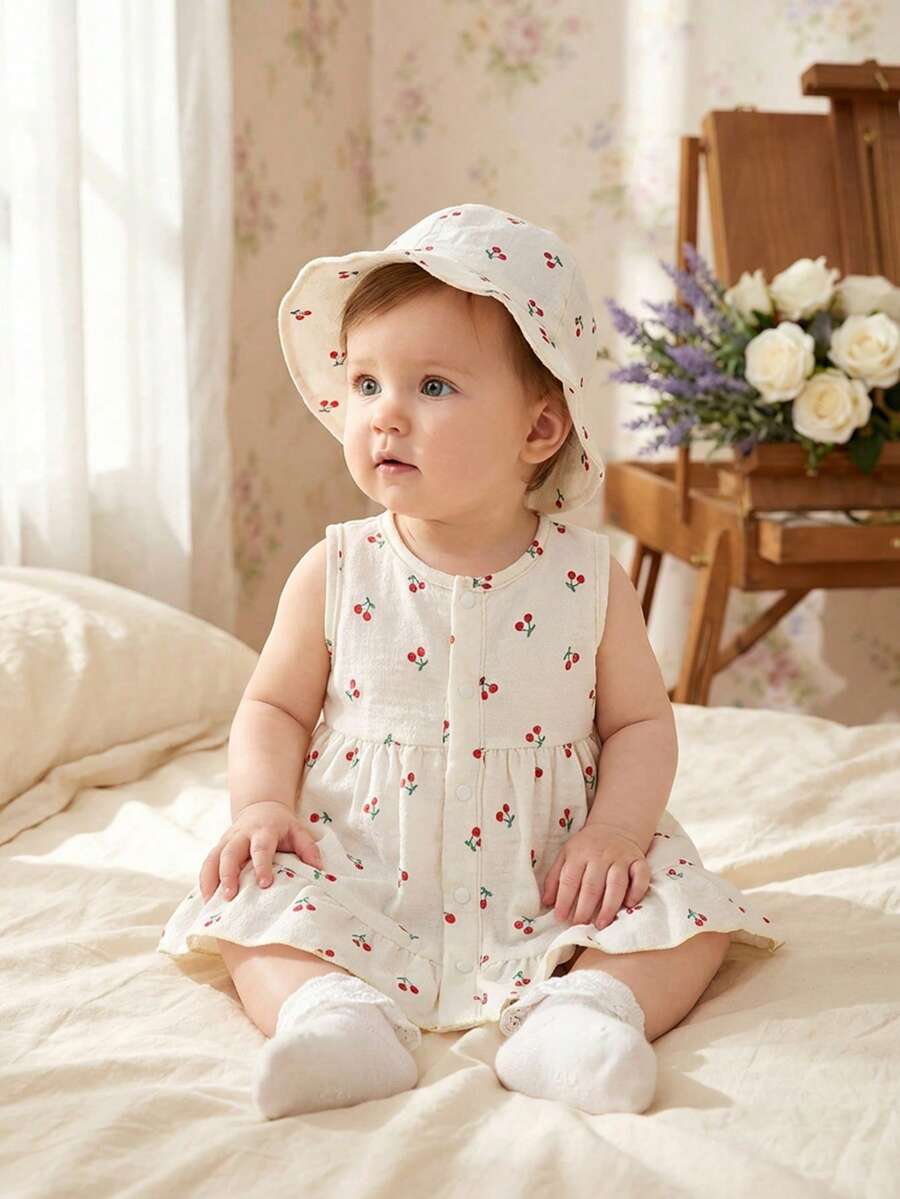 Baby Cherry Print Sleeveless Dress and Red Hat Set for Cute Summer Outings