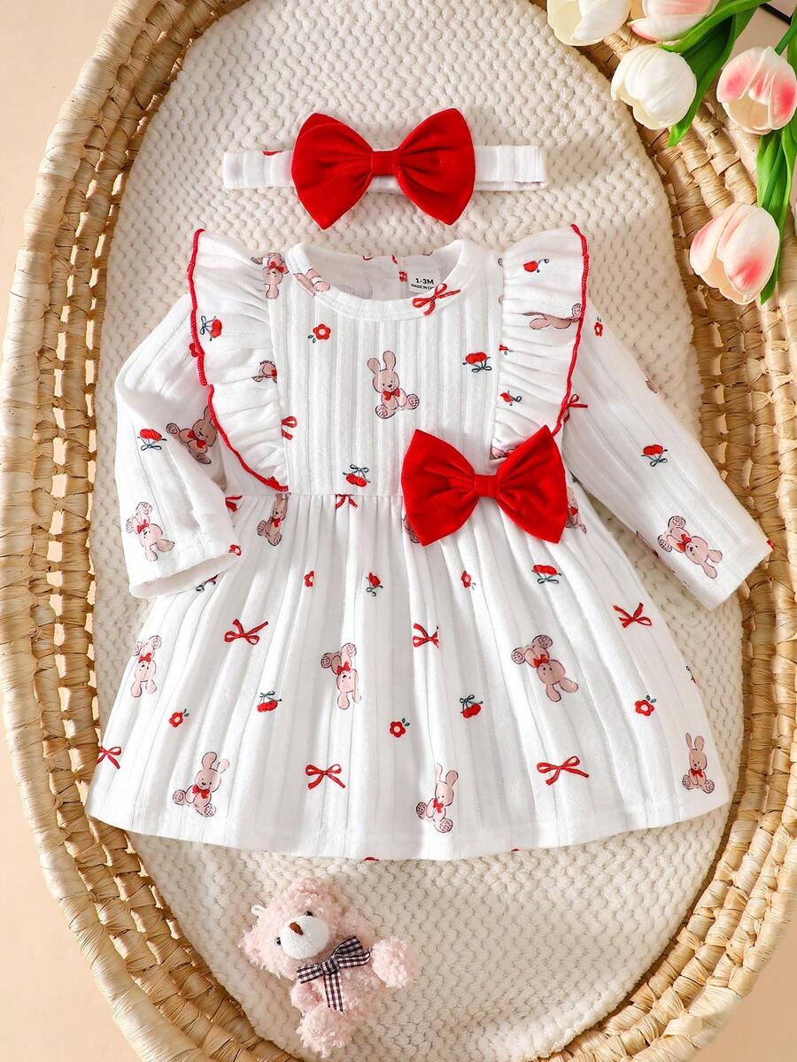 Baby Heart Pattern Dress and Headband Set for Cute All Season Daily Wear