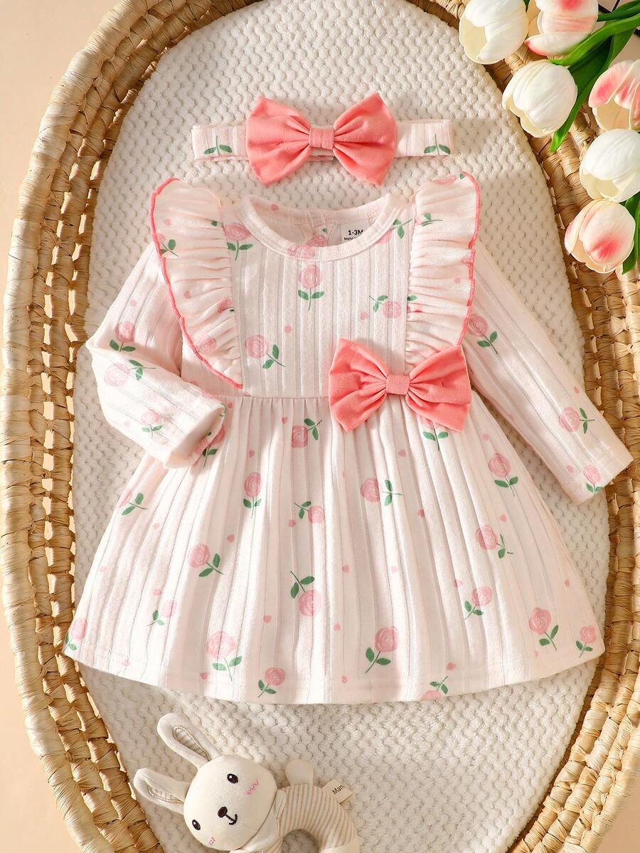 Baby Heart Pattern Dress and Headband Set for Cute All Season Daily Wear