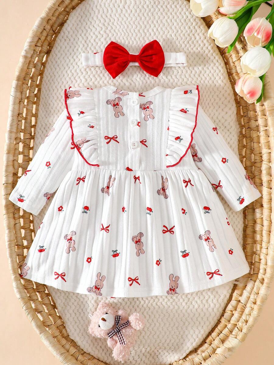 Baby Heart Pattern Dress and Headband Set for Cute All Season Daily Wear