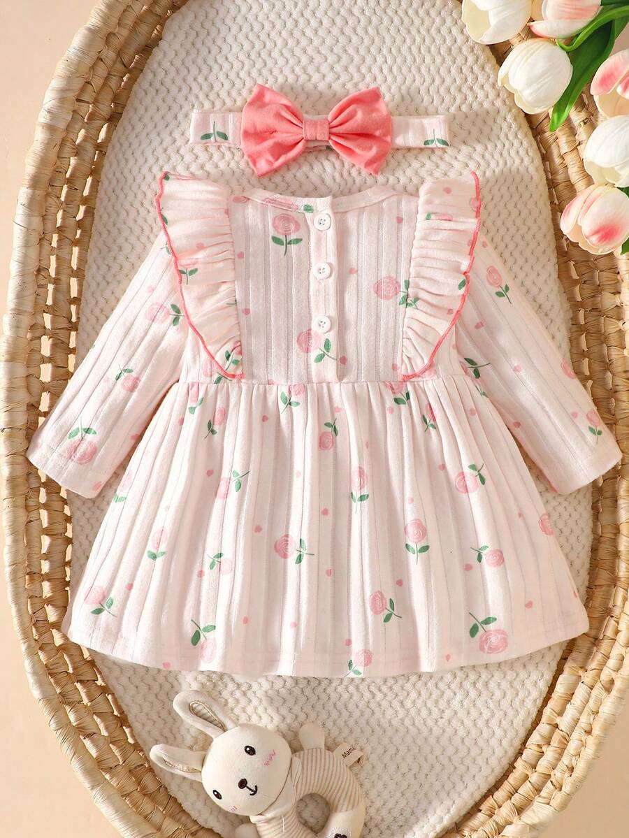 Baby Heart Pattern Dress and Headband Set for Cute All Season Daily Wear