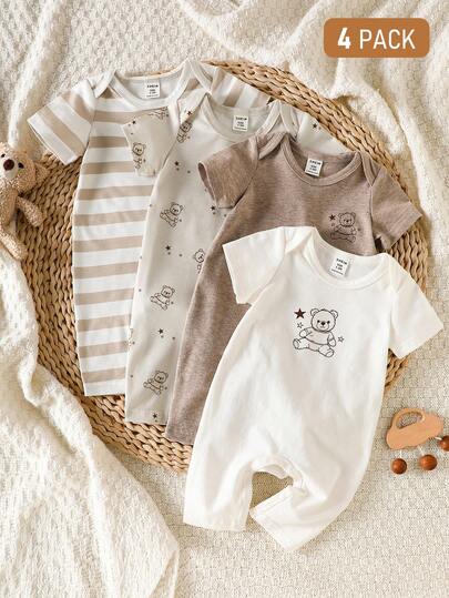 4PCS Baby Bear Print Cotton Romper Set for Summer Daily Wear and Comfort
