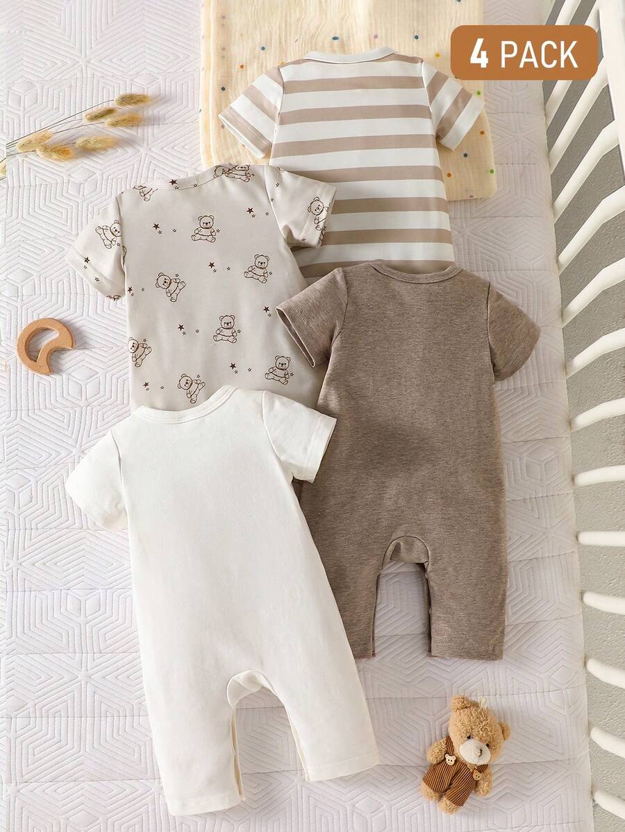 4PCS Baby Bear Print Cotton Romper Set for Summer Daily Wear and Comfort