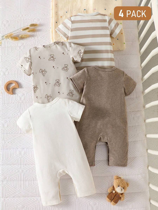 4PCS Baby Bear Print Cotton Romper Set for Summer Daily Wear and Comfort